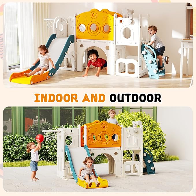 8 in 1 Toddler Slide, Outdoor Indoor Playset for Kids Baby Age 1 2 3, Childs Climber Slide with Storage Space and Non-Slip Steps, Basketball Hoopa and Telescope, Yellow & Green