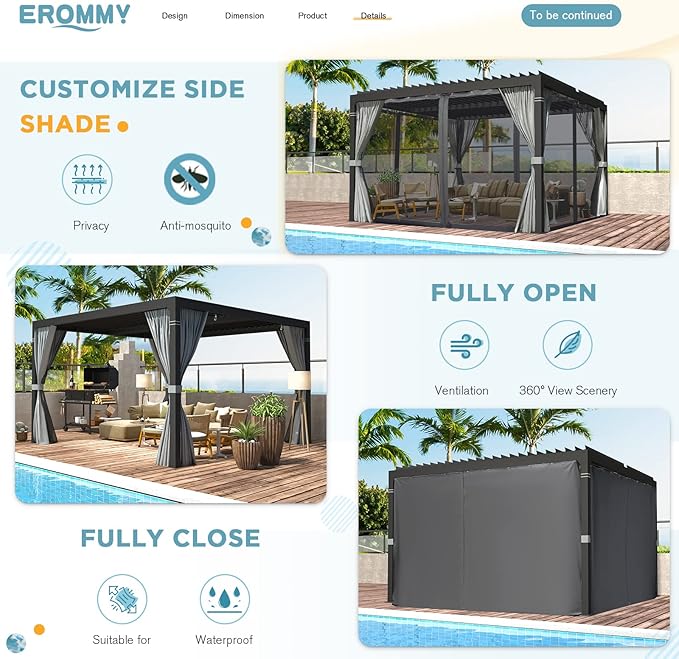 EROMMY Louvered Pergola 10' x 10' Outdoor Hard Top Pergola with Aluminum Frame and Adjustable Metal Rainproof Roof for Garden & Patio, Curtains and Netting Included, Gray-Black