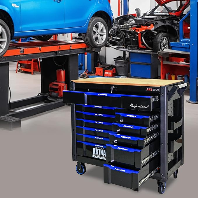Rolling Tool Chest on Wheels, Heavy Duty Metal Tool Cabinet Chest with 12 Drawers, Wooden Workbench Top, Large Tool Cart for Warehouse, Garage, Workshop, Repair Shop, Tool Organizer Chest