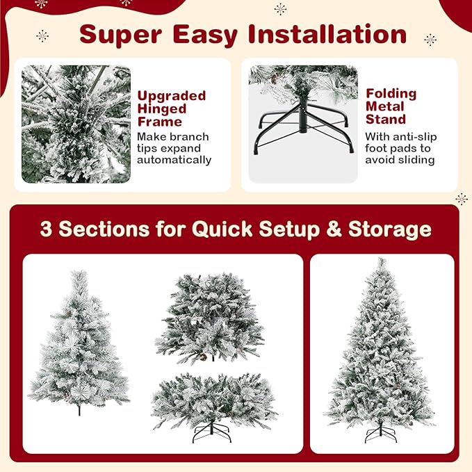 GOFLAME 6 FT Artificial Christmas Tree with Pine Needles, Snow Flocked Xmas Tree with 850 PE & PVC Branch Tips, 240 LED Lights & 34 Pine Cones, Hinged Decoration Tree with 8 Lighting Modes