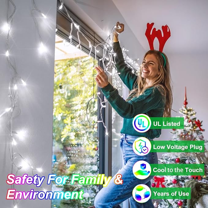 82ft 792 LED 176 Drops Christmas Lights, Outdoor Hanging lights with 8 Modes and Timer Memory, Plug In Outside Waterproof Curtain String Lights for House Fence Tree Holiday Decorations (Cool White)