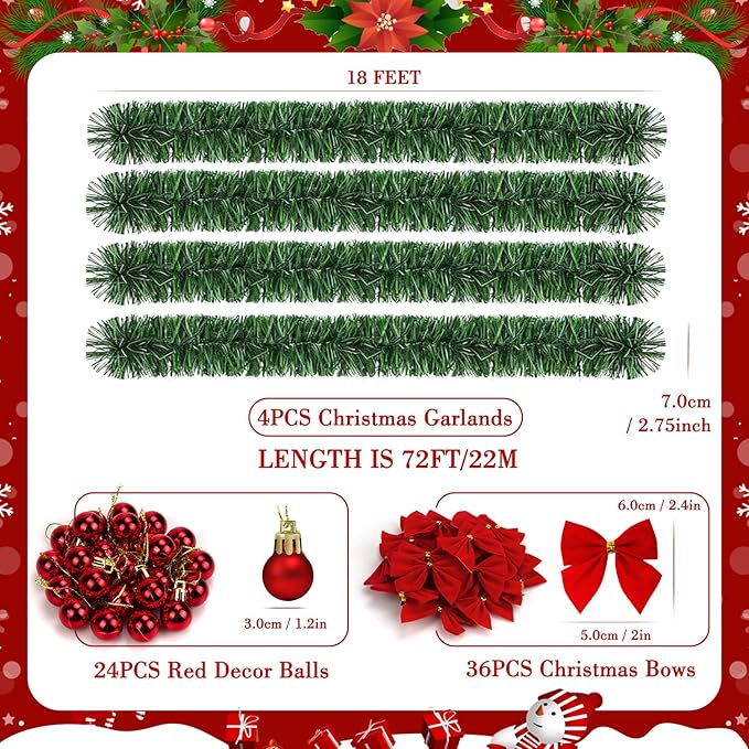 72Feet Christmas Garland, with 36 Red Velvet Bows and 24 Decorative Balls, Non-Lit Greenery Christmas Decoration for Xmas Tree Wreath, Indoor Outdoor Home Mantle Wedding Party