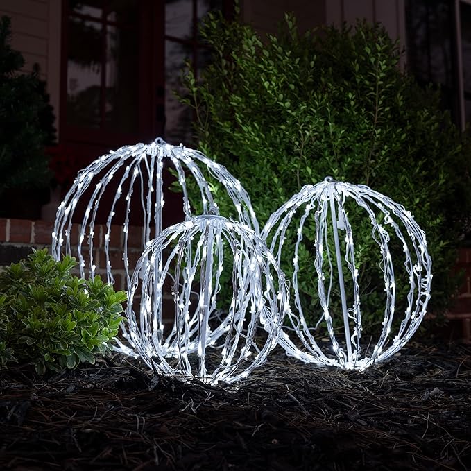 Wintergreen Lighting LED Light Ball – Indoor/Outdoor Christmas Light Balls, Light Spheres Outdoor/Sphere Light Fold Flat Metal Frame (16, White Frame/Cool White Lights)