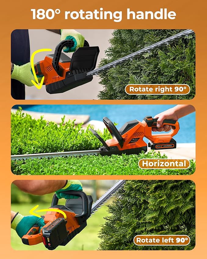 20'' Cordless Hedge Trimmer with Battery, 3000RPM Electric Handheld Bush Clipper with 2pcs 2000mAh Rechargeable Batteries, 180¡Æ Rotatable Head, 2/3'' Blade Gap Orange