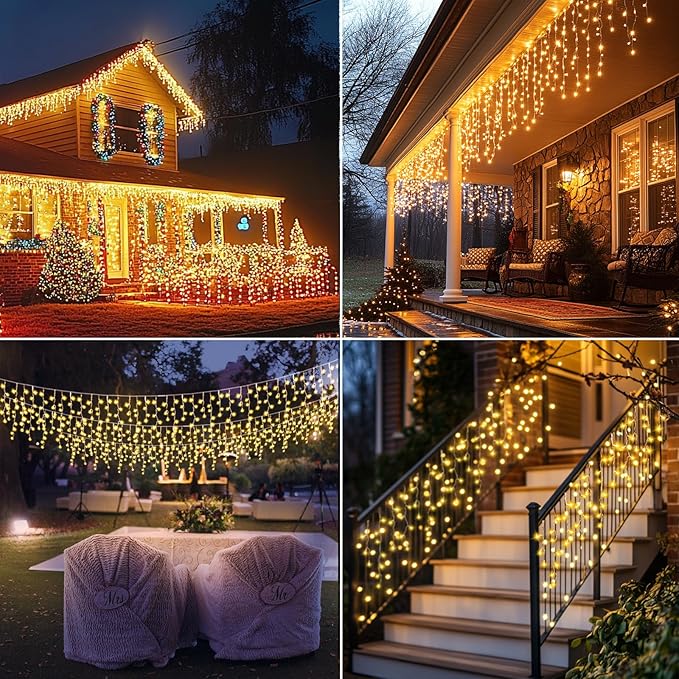 Icicle Lights for Outside, 167ft 1760 LED Icicle Christmas Lights Outdoor Waterproof, 352 Drops with Remote, 8 Modes & Dimmable, Timer for Christmas, Wedding, House, Roof Decoration, Warm White