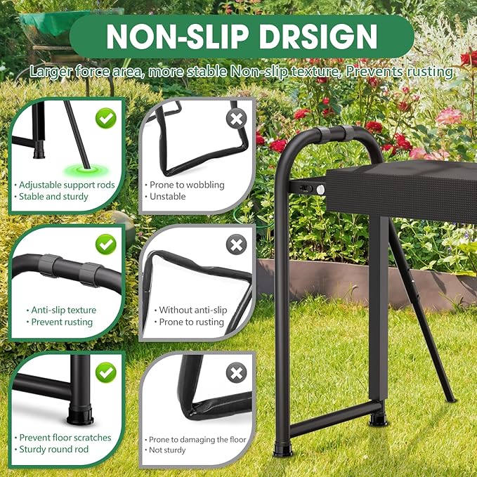 Heavy Duty Garden Kneeler and Seat for Elderly, 400lbs Capacity Foldable Gardening Stool with Support Legs & Thick Pad, Includes Large Tool Organizer Bag, Black