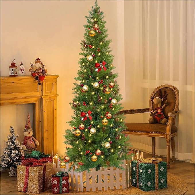 7.5FT Artificial Slim Christmas Tree, Pencil Christmas Tree UV Resistant Outdoor & Indoor Xmas Decor with Red Berries & Pine Cones for Holiday Décor