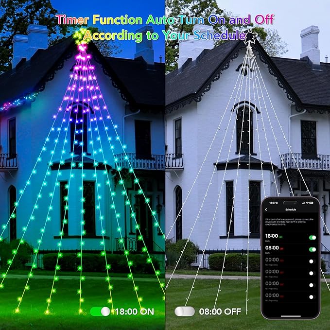 16.4FT Smart RGB Christmas Waterfall Lights with Star, APP & Remote Control, DIY Custom Light Show & Music Sync, Timer, 245 LEDs Color Changing Outdoor Decor for Xmas, Yard, Party