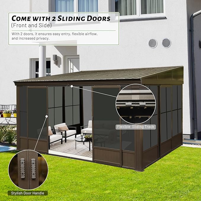 10'x12' Sunroom Wall Mounted, All Season Lean to Solarium with Metal Roof (Galvanized Steel), Aluminum Frame Outdoor Enclosed Gazebo with 2 Sliding Doors and PVC Windows for Patio, Deck, Garden