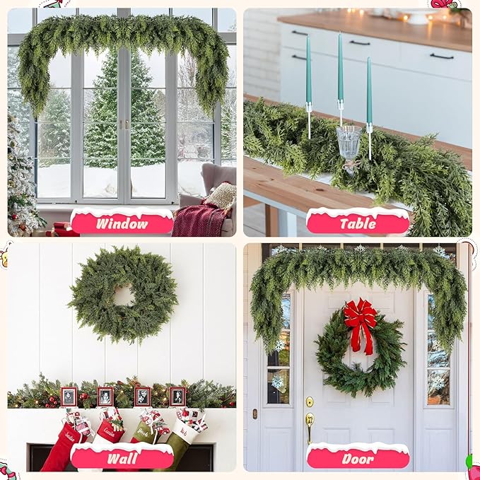 kuaima Christmas Cedar Garland, 6 FT Artificial Realistic Winter Evergreen Greenery Cypress Garland Real Touch for Indoor Outdoor Xmas Decoration, 1 Pcs