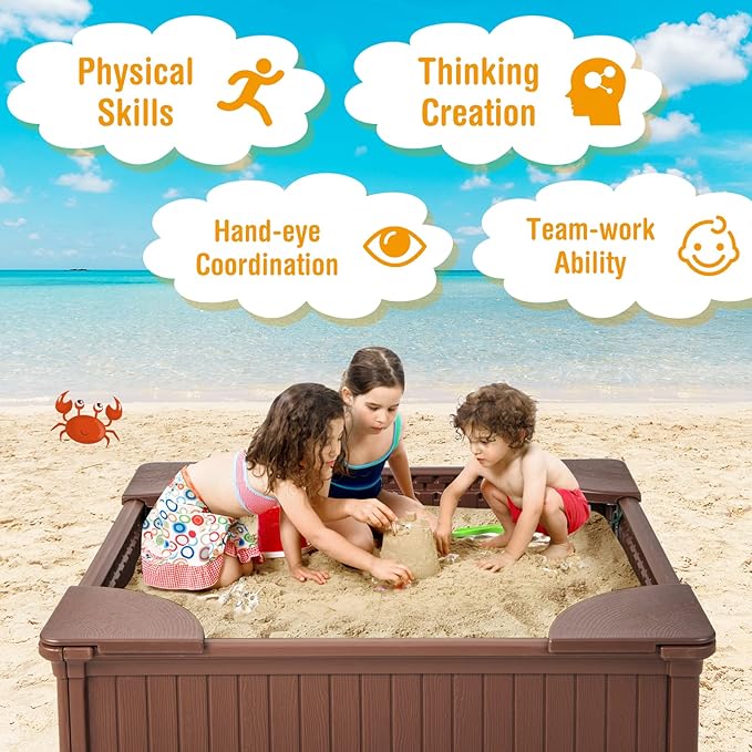 HONEY JOY 12.5 Kids Sandbox with Cover, 48 x 48 Inch Large HDPE Pit for Backyard, 4 Corner Seats & Bottom Liner, Sand Protection, All Weather Resistant Sand Boxes for Kids Outdoor (Coffee)