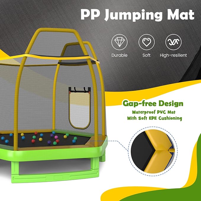GYMAX Trampoline for Kids, ASTM Approved 7FT Trampoline with Slide, Ladder, Ocean Balls & Mats, Small Indoor/Outdoor Toddler Recreational Trampoline with Enclosure Net, Backyard Trampoline