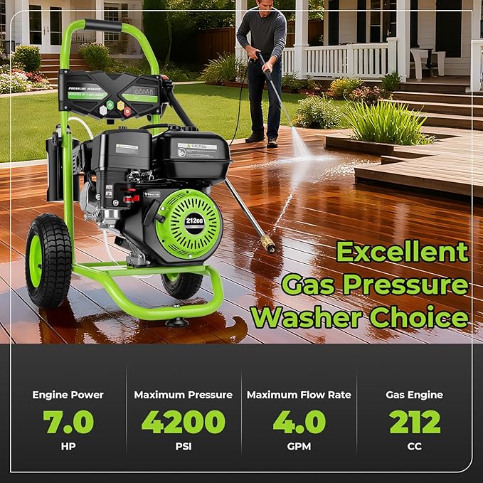 4200PSI Pressure Washer 4.0GPM Gas Power Washer 212CC Gas Powered Washing Machine Commercial High Pressure Washer with 25ft Hose&5 Nozzles for Patio Garden Yard Vehicle,EPA/CARB/ETL (Green & Black)