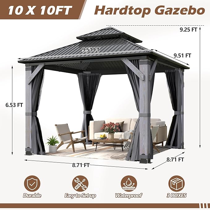 10 x10FT Wood Gazebo,Outdoor Wooden Hardtop Gazebo with Galvanized Steel Doule Roof,Cedar Wood Frame Gazebos with Netting &Curtainfor Patio Backyard Deck