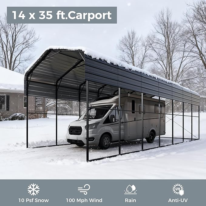 GREEN PARTY 14 x 35 ft Metal RV Carport Kits with Galvanized Steel Roof, Heavy Duty 2 Car Outdoor Car-Shed Canopy, Car Tent Metal Garage Shelter for RV, SUV, Truck, Tractors and Boats, Gray