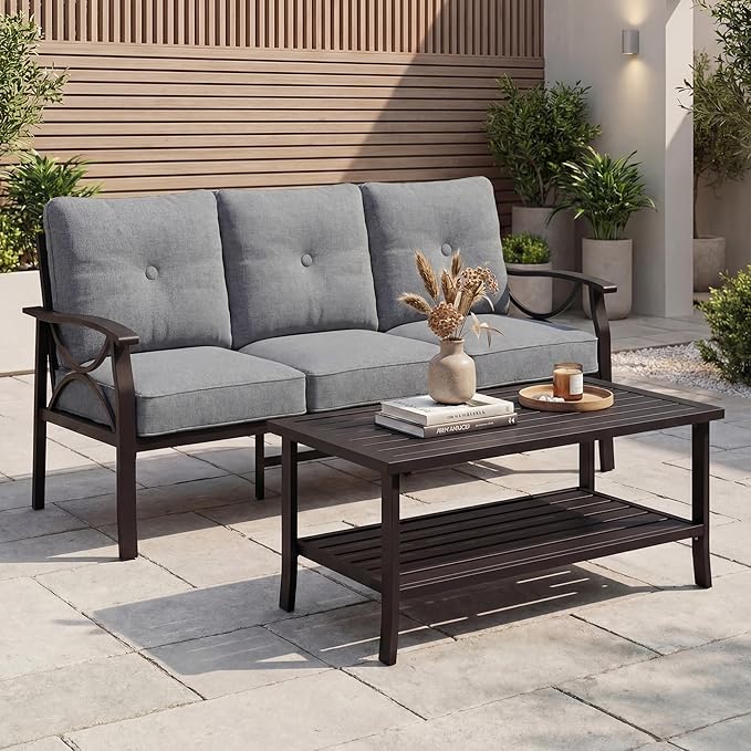 3 Seats Outdoor Patio Furniture Set, Outdoor Metal Sectional Furniture with Cushions, Outdoor Conversation Set with Coffee Table for Garden, Deck, Balcony, Backyard, Grey