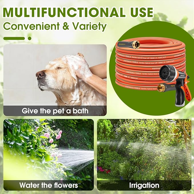 Heavy Duty Garden Hose ? 5/8 Inch Flexible, Lightweight Hybrid Hose with 600 PSI Burst Pressure, Swivel Handle, and Durable Copper Male/Female Fittings (Orange with hose sprayer, 75FT)