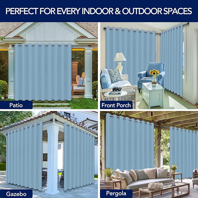 PureFit Outdoor Curtains for Patio Waterproof Weatherproof, UV Resistant Outside Curtains for Gazebo, Front Porch, Pergola, Sun Blocking Privacy Curtain, 150W x 95L inch, 1 Panel, Sky Blue