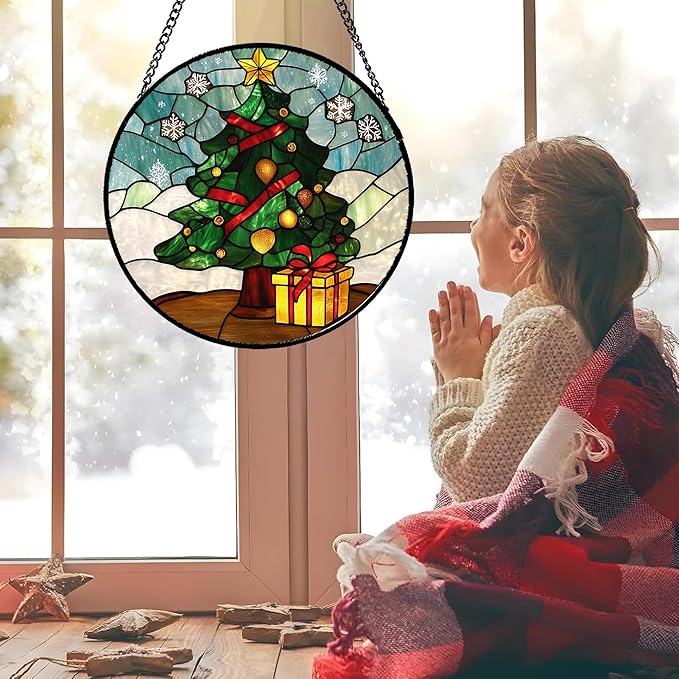 Stained Glass Window Hanging Green Christmas Tree Snowflake 7.8" - Suncatcher Door Garden Sun Catcher Xmas Holiday Decor Birthday for Mom Men Woman Friend Nana