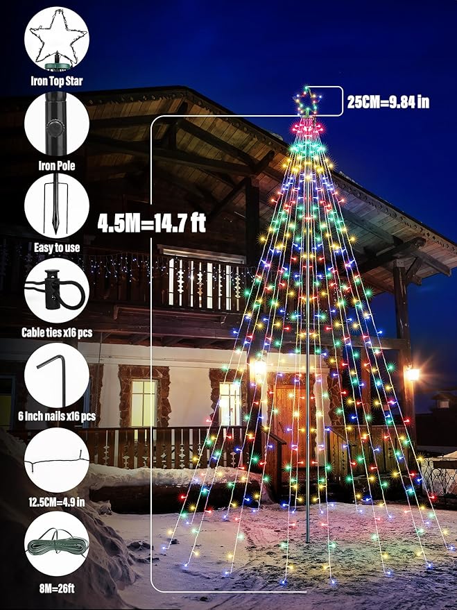 Flacchi 16 FT 664 LED Star String Lights Outdoor - Pole Set with Remote, Multiple Lighting Modes, Timer, and Waterproof Feature for Ultimate Holiday Decor (Cool White & Multicolor)