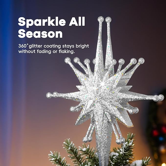 2025 Upgraded Christmas Tree Topper Projector Light with Rotating Bright LED & Wide Coverage, Universal Fit for Any Height Tree, Easy Install, Stable Base, Holiday & Party Decorations (Frosted Silver)