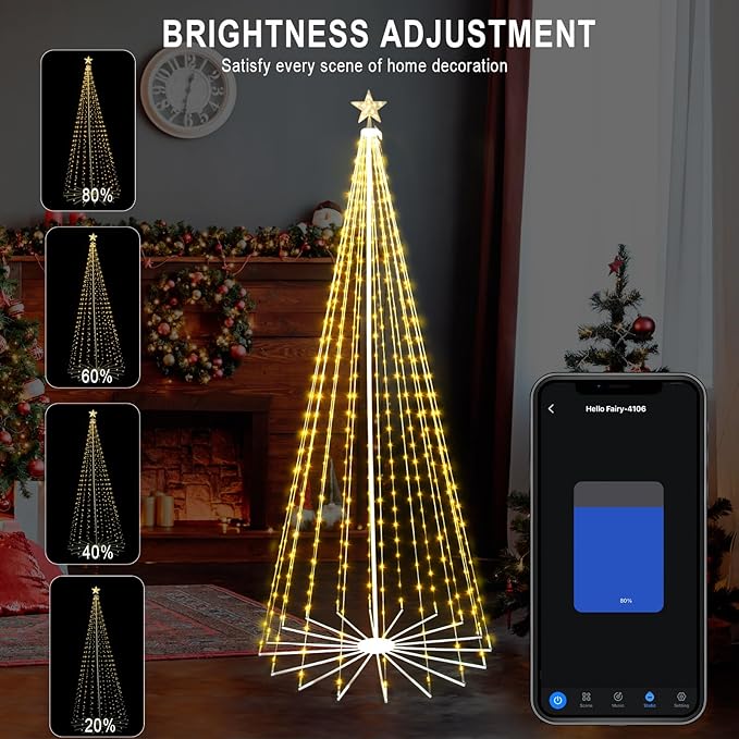 9FT 444LEDS Outdoor Christmas Tree Lights, Smart Cone Tall Pop Up with Star, Timer, Waterproof, APP & Remote, Music Sync, Multicolor/WarmWhite, Outside Xmas Yard Porch Decor
