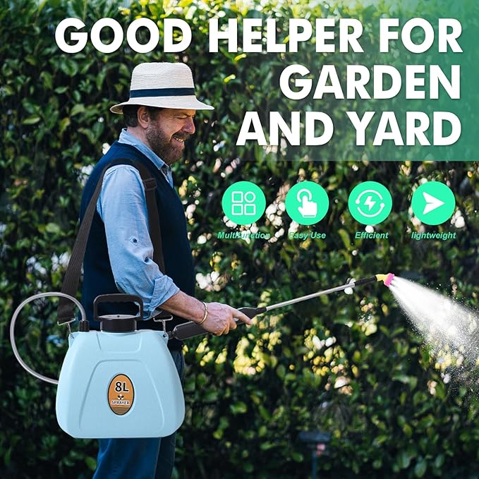 Battery Powered Sprayer 2 Gallon, Electric Garden Sprayer with 3 Copper Nozzles, 4 Spray Modes, Type-C Rechargeable, 30-60cm Retractable Wand, Shoulder Strap for Lawn & Garden