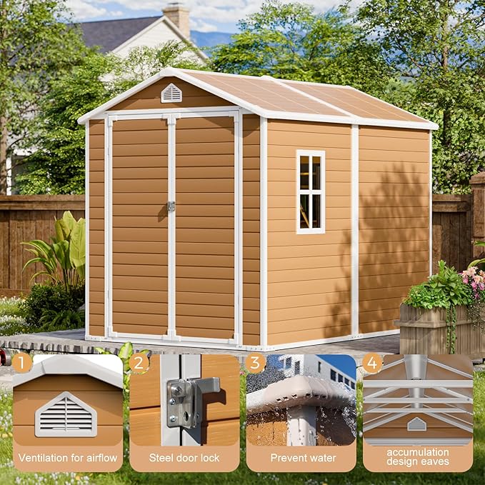 HUSFU 8x6 FT Outdoor Storage Shed with Floor and Lockable Door,Waterproof Resin Tool Shed for Garden, Backyard, Patio,Perfect to Store Patio Furniture,Yellow