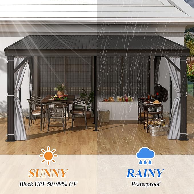 GARTOO 12' x 14' Lean to Hardtop Gazebo for Patio - Aluminum Frame Gazebos Pergola with Sloping Metal Roof, Outdoor Wall-Mounted Canopy Awnings to House for Patio, Garden, Lawn, Backyard Deck