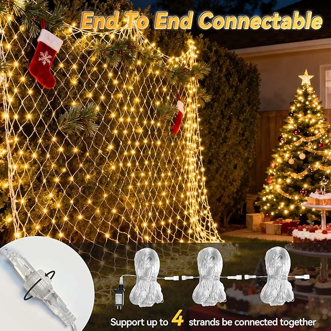 LitHome 200 LED Net Lights Outdoor, 8 Modes Connectable Christmas Net Lights, 10 x 10FT Christmas Mesh Light with Timer, Warm White Mesh Light Plug in Waterproof for Bushes,Xmas,Garden,Yard Decor
