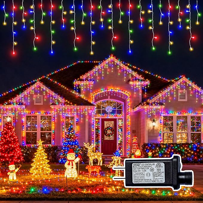 Christmas Outdoor Icicle Lights - 480 LED 66+33 FT 8 Modes Curtain Fairy String Light Plug in, Waterproof for Eaves Yard Holiday Xmas Holiday Indoor Outdoor Decoration - Multicolor