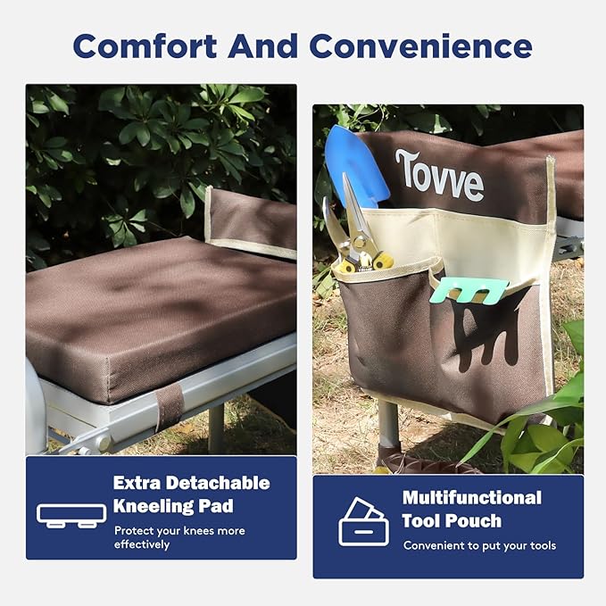 Foldable Garden Kneeler and Seat, Heavy Duty Garden Stool with 10 Wide Detachable Kneeling Pad, Portable Garden Bench Chair with Large Garden Tool Bag, Gardening Gifts for Women, Seniors, Mom