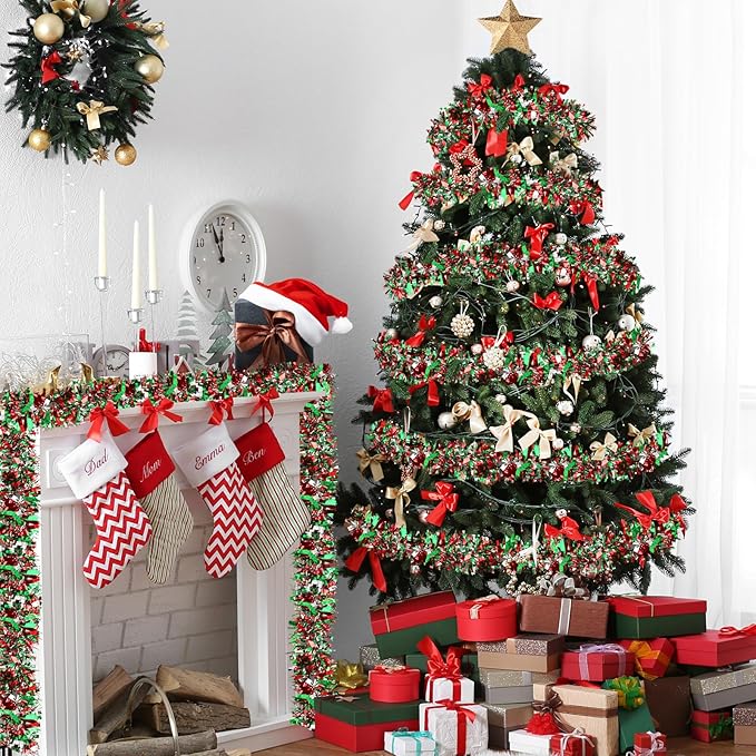 50ft Metallic Tinsel Twist Garland - Christmas Tree Hanging Decorations (Red, Green & Silver) for Indoor & Outdoor Use