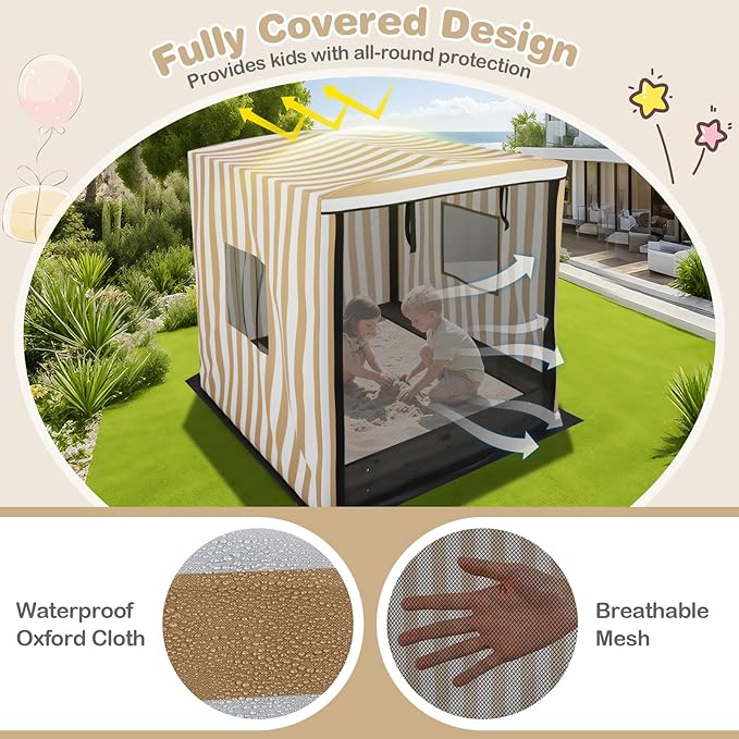 Costzon Kids Wooden Sandbox with Canopy, Large Sand Pit w/Mesh Door, Windows, Bench Seats, Foldable Storage Box & Bottom Liner, Outdoor Playhouse for Children 3+ Years Old (Pink&White)