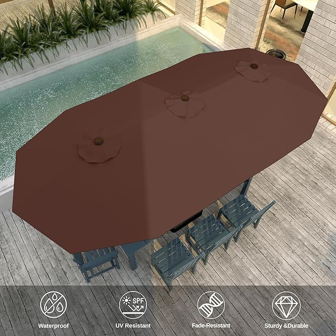 13FT Double-Sided Patio Umbrella with 48 Solar LED Lights, Large Rectangular Outdoor Market Umbrella with Crank Handle, Vented Canopy, Heavy-Duty 12 Rib Steel Frame, for Backyard, Garden, Pool, Brown