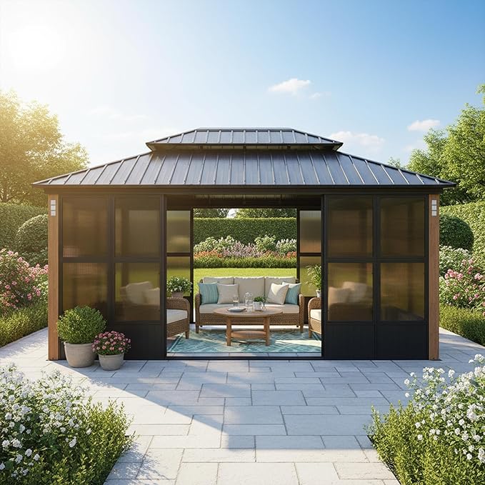 PURPLE LEAF 12' X 16' Sunroom Patio Hardtop Gazebo Double Top Galvanized Steel Screen House Aluminum Sun Room Outdoor Solarium for Garden Backyard
