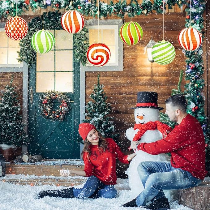12 PCS Peppermint Christmas Paper Lanterns 12 Inch Round Red Green Xmas Hanging Paper Lanterns Set Candy Canes Lantern Party Decorations for Xmas Indoor Outdoor