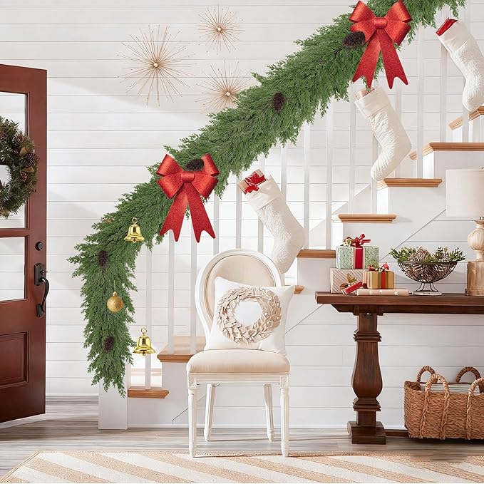 6FT Artificial Cedar Christmas Garland for Mantle Christmas Decorations Real Touch Realistic Greenery Faux Pine Garlands for Xmas Home Decoration Fake Winter Indoor Outdoor Garland Door Decor