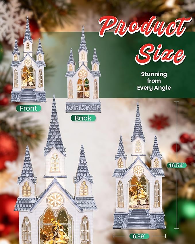 Christmas Church Nativity Snow Globe Light up Snowglobe with Music, 9.84" White Christmas Snow Globes for Kids Adults, 6H Timer & Dual Power, Angle Snowglobes Christmas Decorations Indoor