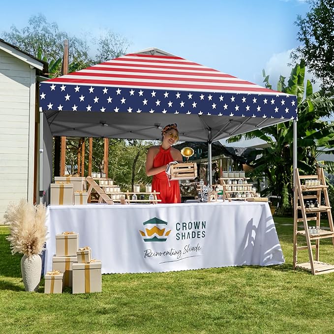 CROWN SHADES 10x10 Pop Up Canopy with 1 Side Wall - Beach Tent with One Push Setup - Outdoor Sun Shade for Events, Parties, Camping - Gazebo with STO-N-Go Cover Bag (American Flag)
