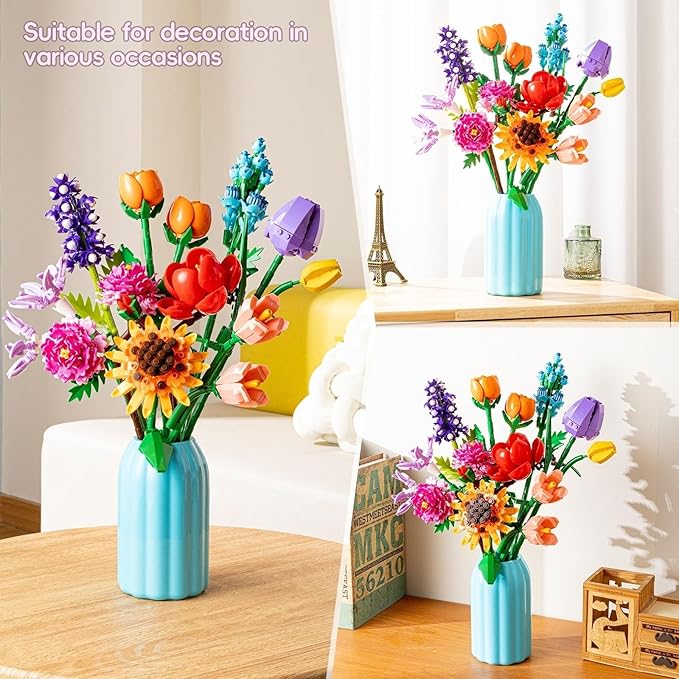 Sawaruita Flowers Bouquet Botanical Building Block Sets for Adult-9 Kind of Wildflowers Botanical Collection with Vase- Plants Toys for Kids Home Decor for Mothers Day,Valentines,Birthday Gifts
