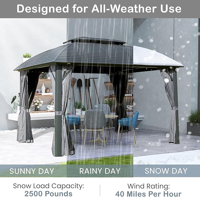 10' x 12' Hardtop Gazebo Outdoor Aluminum Gazebo Arc Grill for Patios Deck Backyard,Galvanized Steel Double Roof,Curtain&Netting by domi outdoor living