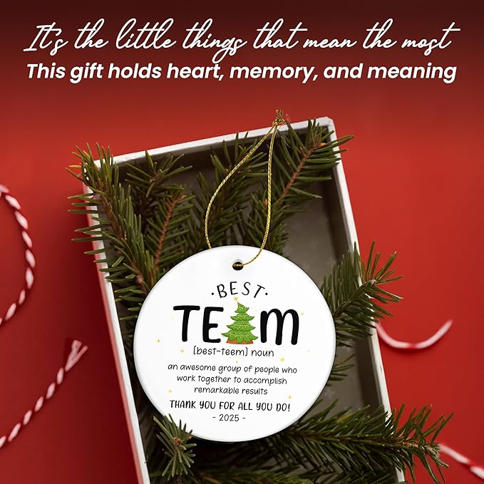 TEEZWONDER Best Team Ever Gifts - Ceramic Christmas Ornaments 2025 with Card for Christmas Tree Decorations - Office Group Gifts for Coworkers Employees Friends, Appreciation Thank You Gift Ideas