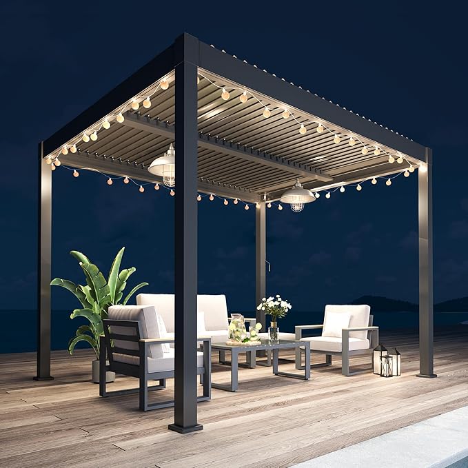 10' x 12' Louvered Pergola, Outdoor Pergola with Curtains & Netting, Metal Patio Pergola with Adjustable Louvers Roof and Gutter System, Metal Hardtop Gazebo for Patio, Deck, Garden, Yard, Dark Gray