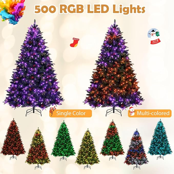 GOFLAME 7FT Pre-lit Artificial Christmas Tree, Hinged Xmas Tree with Remote and App Control, 500 Color & Mode Changing RGB Lights, Timer, 1436 Branch Tips, Pine Cones and Red Berries