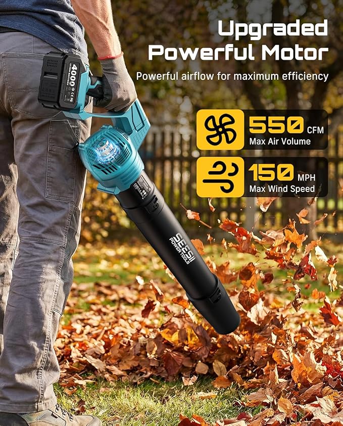 SEESII Leaf Blower Cordless, Rotated 180¡Æ Electric Leaf Blower with 2 * 4.0Ah Batteries and Charger, 550CFM 150MPH Lightweight Blower with 5 Speed Mode for Lawn Care, Yard, Patio & Outdoor Use
