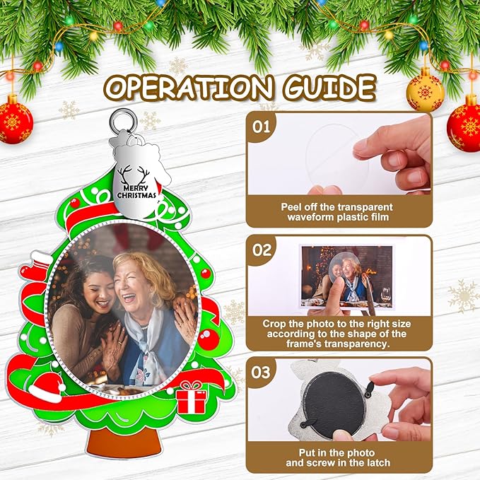 MGparty 3 Pack Christmas Picture Frame Ornaments Xmas Metal Hanging Photo Frame with Pendants 2025 Holiday Keepsake Gifts Christmas Tree Decorations