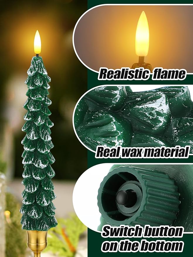 2 Pack Christmas Tree Candles - Real Wax Flameless Taper Candles, 9.7in Green Candlesticks for Home Table Metal Xmas Holiday Indoor Decorations Gifts