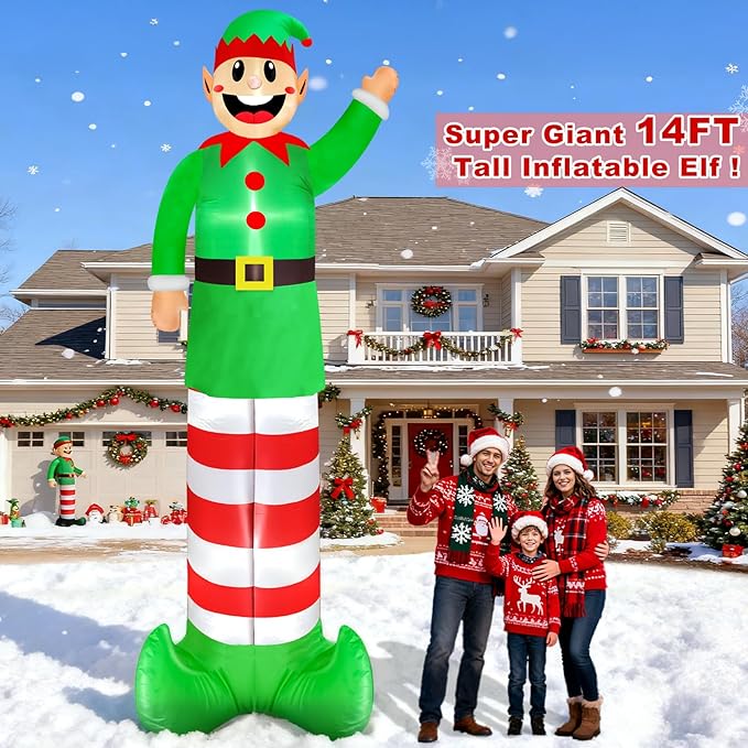14 Ft Super Tall Christmas Inflatable Elf, Christmas Inflatables Decoration Outdoor Blow Up Giant Santa Elf with Built-in LED Lights Inflatable Christmas Decoration for Yard Outside Garden Lawn