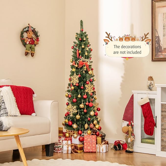 GOFLAME 5FT Pencil Christmas Tree, Slim Artificial Xmas Tree with 295 Memory Wire Branch Tips & Upgraded Metal Stand, Seasonal Holiday Decoration Tree for Home Office Party